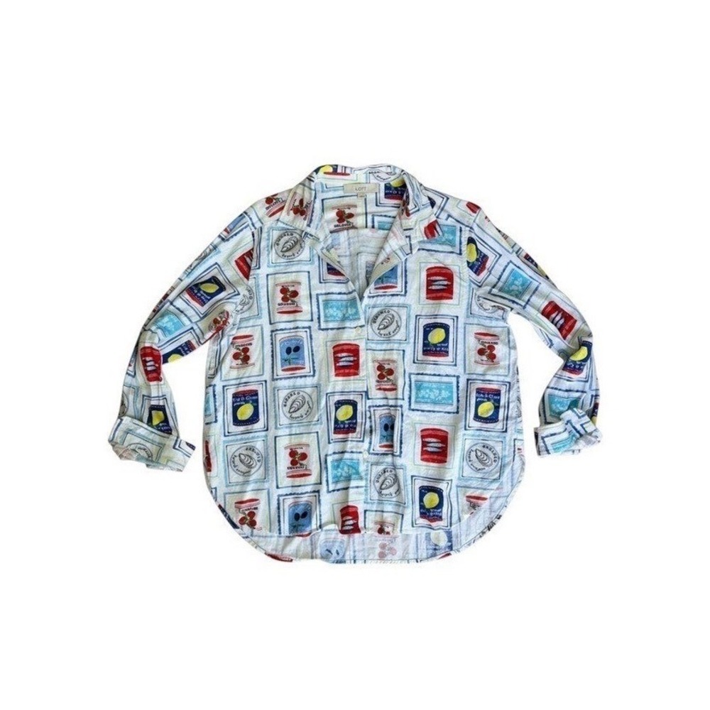 LOFT‎ Pop Art Food Can Print Linen Blend Button Down Shirt White Multi Womens M